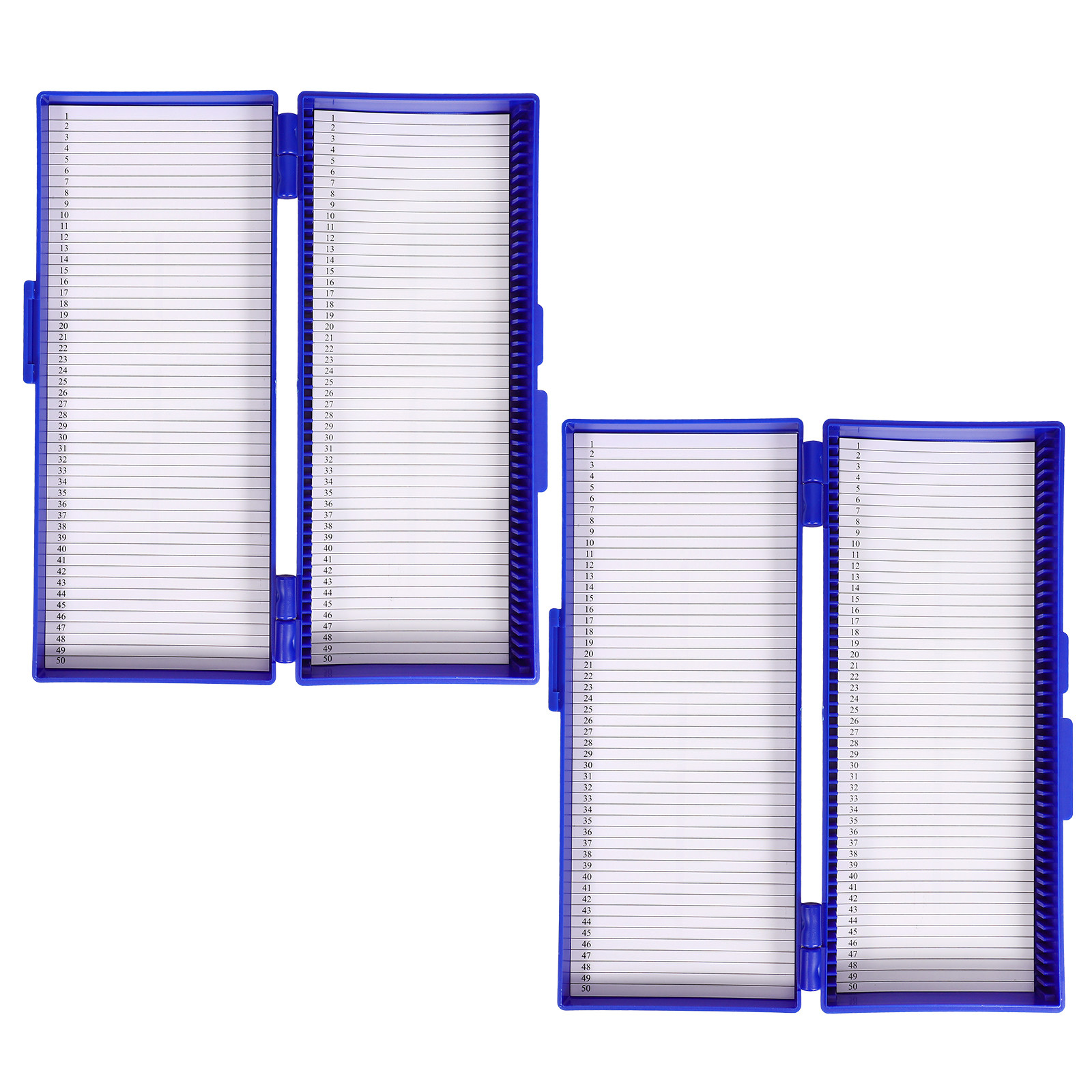 Pathology Slide Storage - 2個入り スライド収納ボックス、ABS素材、50個収納可能な番号付き顕微鏡スライドホルダー、内容物一覧シート付き、上部に蝶番式の蓋、病理検査室向け。